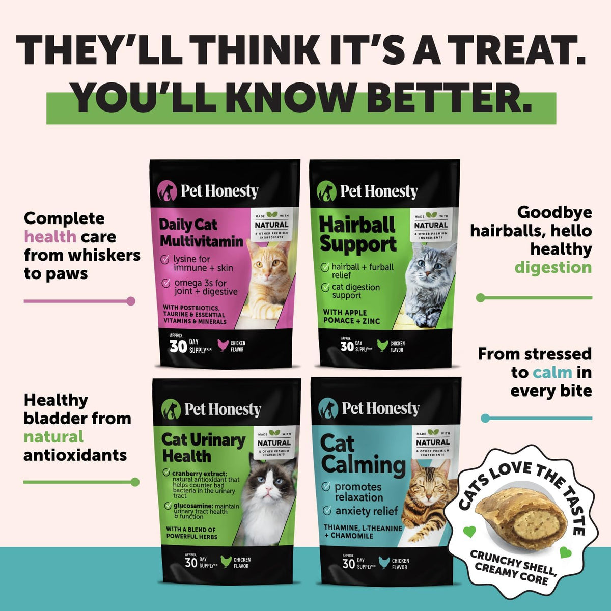 Cat Multivitamin Crunchy & Creamy Chews - Cat Treats for Health + Immune, Joint Support, Skin & Coat, & Digestion - Vitamins with Omega 3s, Lysine