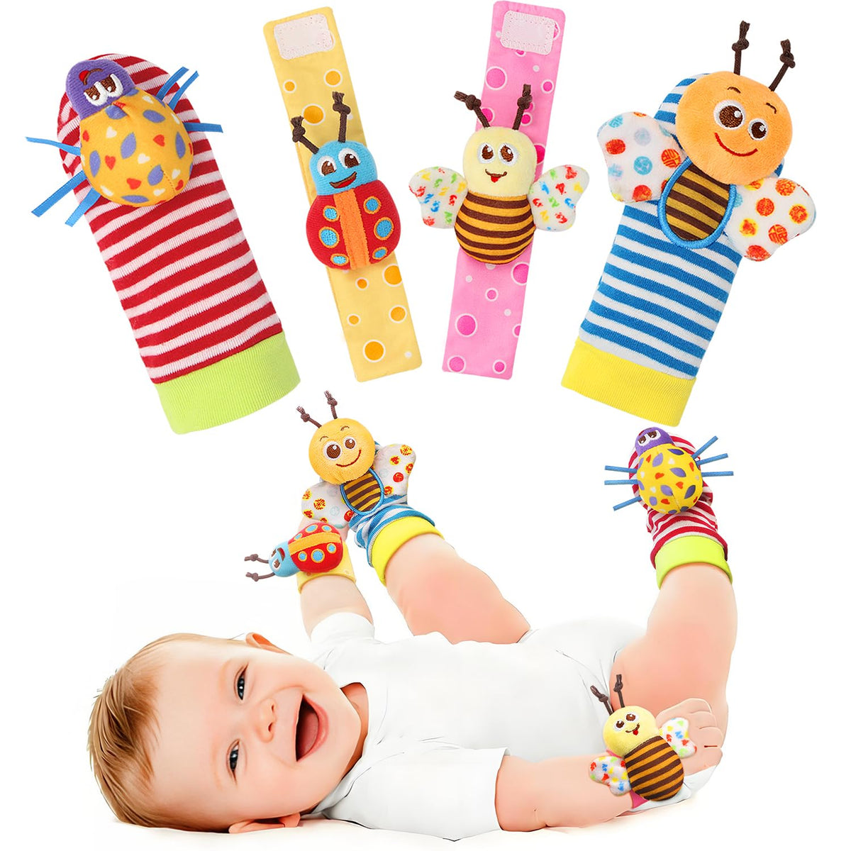 Bloobloomax Wrist Rattle Socks and Foot Finder Set, Infant Girl Boy Toys for Babies 0-36 Months, Newborn Hand & Foot Toys for 0 to 3 Years, Baby