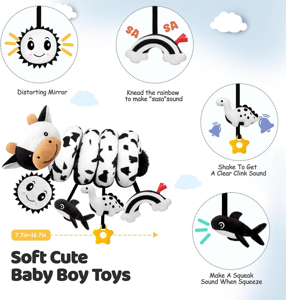 Spiral Car Seat Baby Toys 0-6 Months, Infant Carseat High Contrast Sensory Toys Hanging Stroller Accessories, Newborn Shower Gifts for Baby Boys