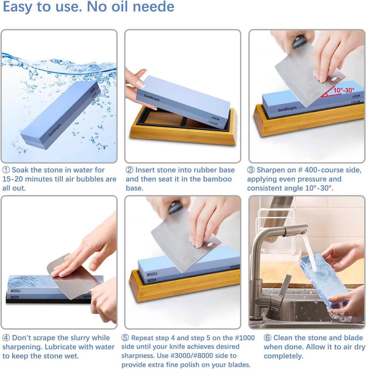 Intelitopia Complete Knife Sharpening Stone Set – Dual Grit Whetstone 400/1000 3000/8000 Knife Sharpener with Leather Strop, Flattening Stone, Bamboo