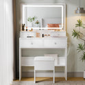 Haewon Vanity Desk with Mirror and LED Lights, White Makeup Vanity with Power Outlet, Storage Drawers and Chair, Dressing Table Set for Bedroom
