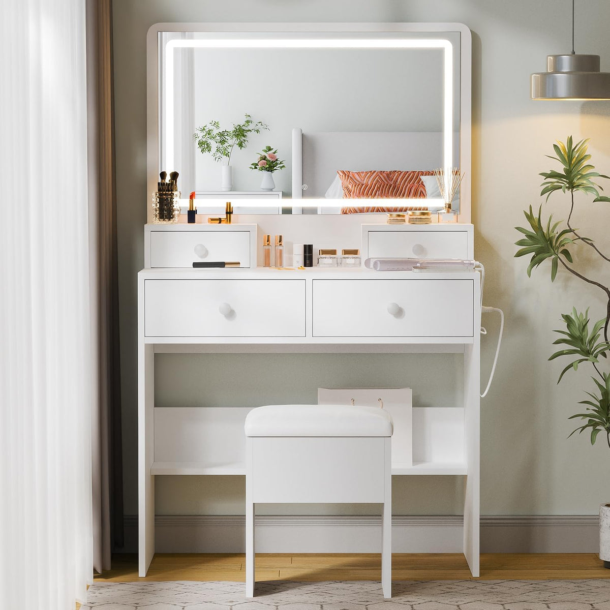 Haewon Vanity Desk with Mirror and LED Lights, White Makeup Vanity with Power Outlet, Storage Drawers and Chair, Dressing Table Set for Bedroom