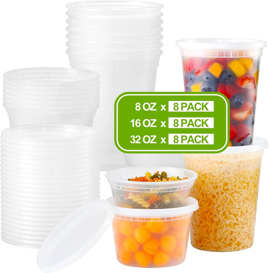 AOZITA 24 Sets Plastic Deli Food Containers With Lids, 8 oz 16oz 32oz Variety pack, Airtight Food Storage Containers, Freezer/Dishwasher/Microwave