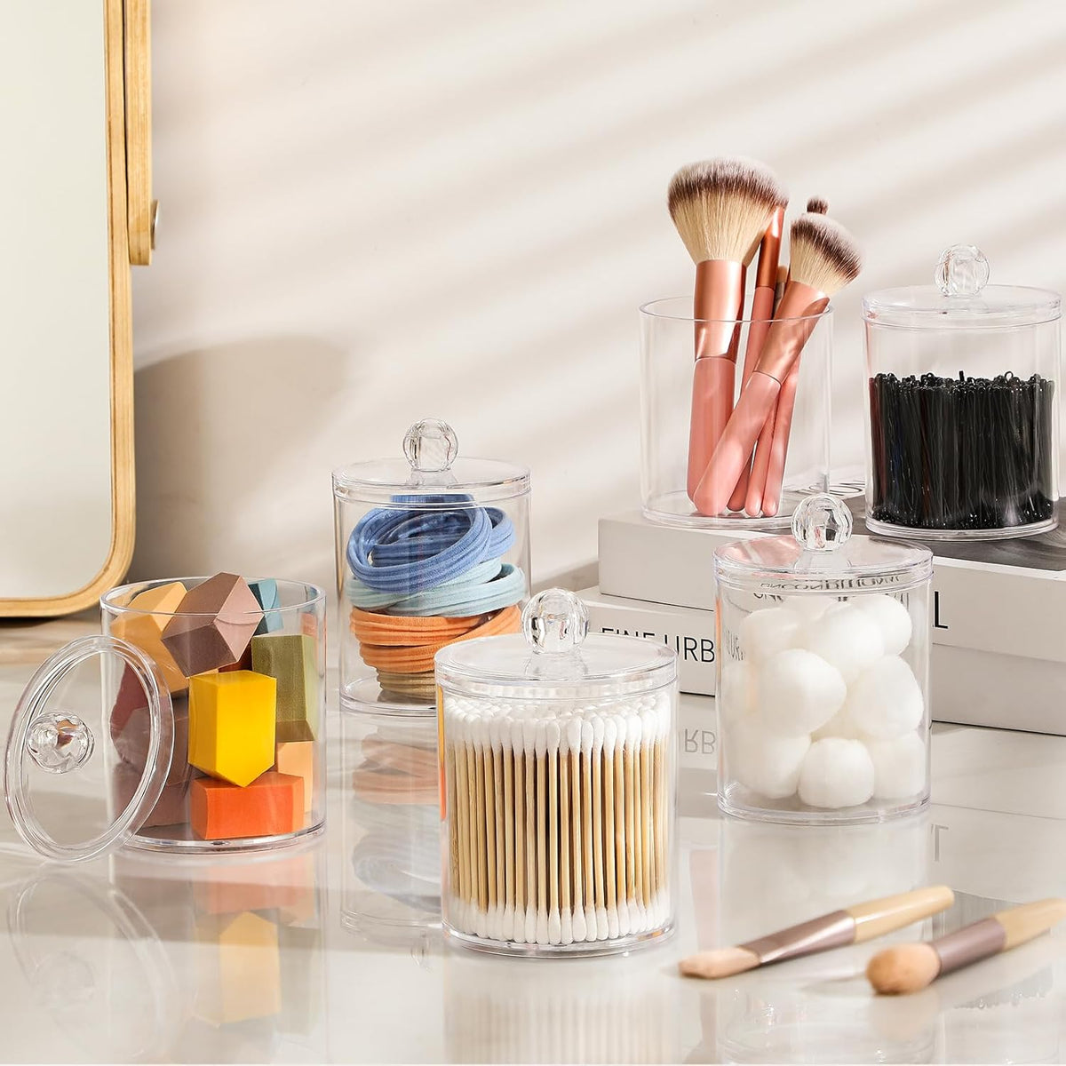 4 Pack Acrylic Qtip Holder Dispenser for Cotton Swabs, Balls, Pads, Floss Picks- Small Clear Plastic Canister Apothecary Jar Set, Bathroom Essentials