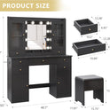 Makeup Vanity Desk with Mirror and Lights, Black Vanity Table Set with Storage Drawers, Charging Station, Cabinets & Chair, Large Dressing Table with