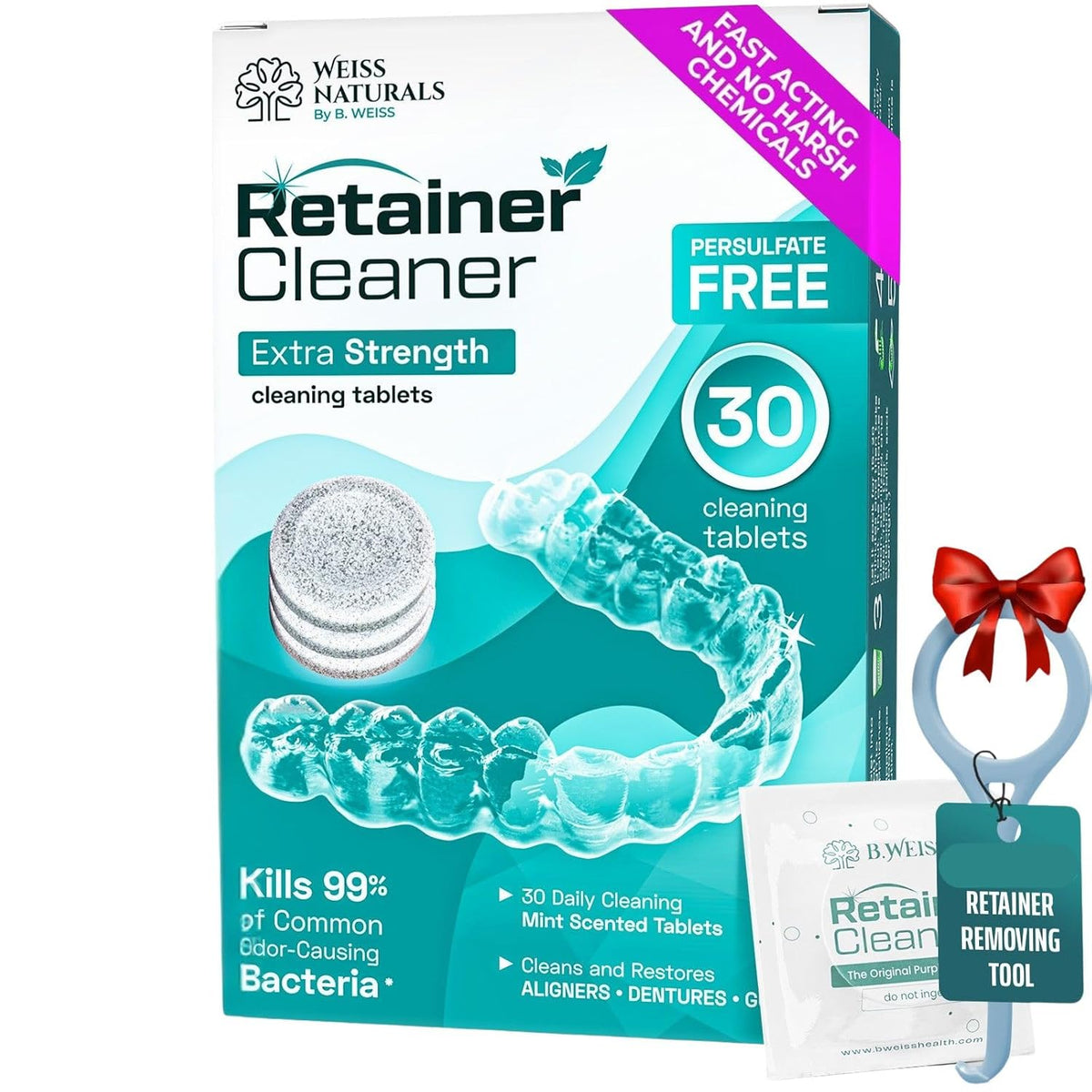 Weiss Naturals Retainer Cleaner Tablets, Invisalign Cleaner, Remove Stains, Odors & Plaque, PERSULFATE FREE Night Guard & Denture Cleaner 1-Month