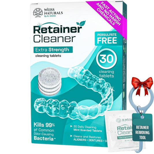 Weiss Naturals Retainer Cleaner Tablets, Invisalign Cleaner, Remove Stains, Odors & Plaque, PERSULFATE FREE Night Guard & Denture Cleaner 1-Month