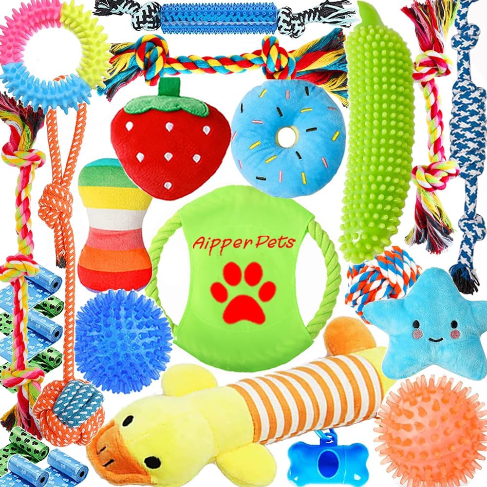 Dog Toys 25 Pack for Fun and Teeth Cleaning, Puppy Chew Toys Pack with Squeak Plush Toy,Squeaky Toy Balls,Tug of War and Rope Toys for Puppy to Small