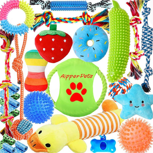 Dog Toys 25 Pack for Fun and Teeth Cleaning, Puppy Chew Toys Pack with Squeak Plush Toy,Squeaky Toy Balls,Tug of War and Rope Toys for Puppy to Small