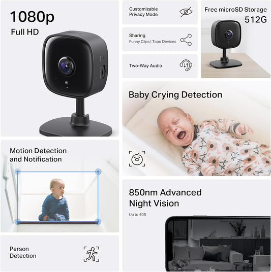 Tapo 1080P Indoor Security Camera for Baby Monitor, Pet Camera w/Motion Detection, 2-Way Audio, Night Vision, Cloud & SD Card Storage, Works w/Alexa