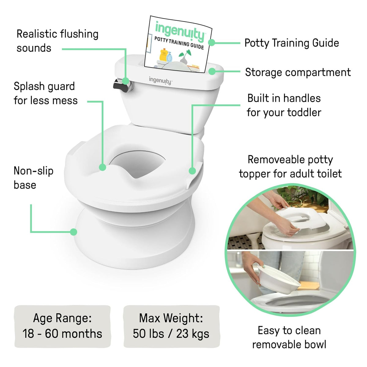 Summer Infant by Ingenuity My Size Potty Pro in White, Toddler Potty Training Toilet, Lifelike Flushing Sound, for Ages 18 Months+, Up to 50 Pounds