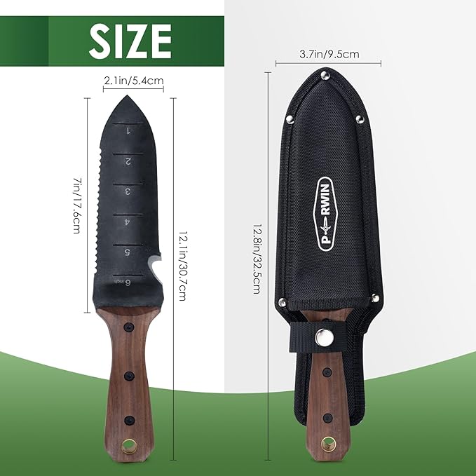Hori Hori Garden Knife, Garden Tools with Sheath for Weeding,Planting,Digging, 7" Stainless Steel Blade with Cutting Edge, Full-Tang Wood Handle with Hanging Hole - Cart Shape