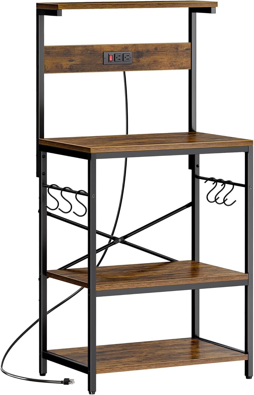 SUPERJARE Kitchen Bakers Rack with Power Outlet, Coffee Bar Table 4 Tiers, Kitchen Microwave Stand with 6 S-shaped Hooks, Storage Shelf Rack for