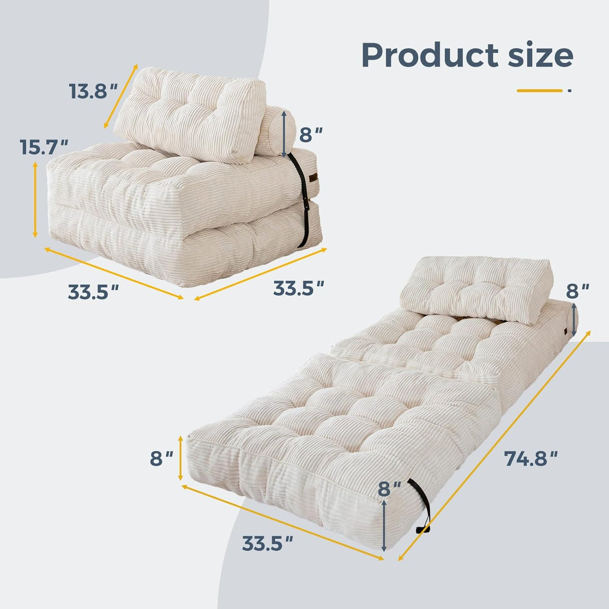 MAXYOYO Folding Sofa Bed, Convertible Sleeper Chair with Pillow Foldable Mattress with Back Support, Portable Fold Out Chair Bed Comfy Floor Sofa