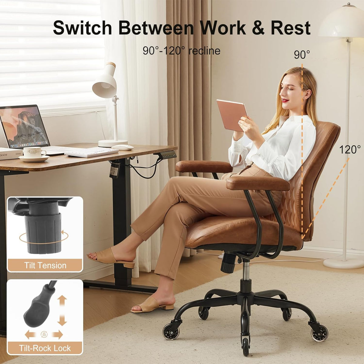 YFO Home Office Desk Chair Office Rubber Casters Ergonomic Computer Chair with Lumbar Support Adjustable Height Rolling Swivel Executive Task