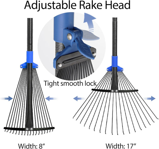 Adjustable Metal Leaf Rake Long Handle, Garden Rakes for Lawns Heavy Duty Leaves with Expandable Head 8-17", Yard Women Kids Rake for Gardening RV