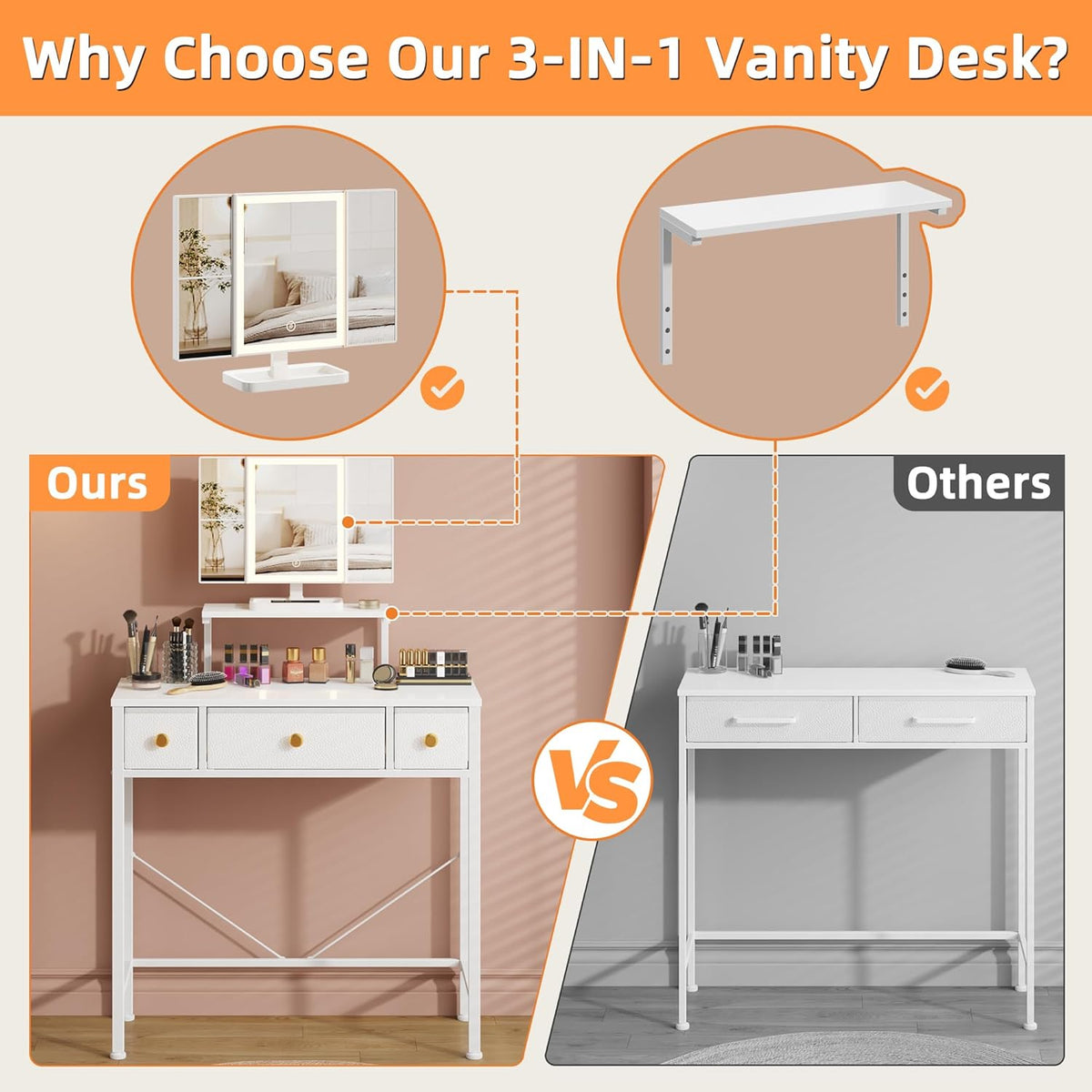 Small Makeup Vanity Desk 27.5''W with Mirror and Lights, Vanity Desk with 3 Fabric Drawers and Height-Adjustable Stand, Vanity Table for Girls Gifts