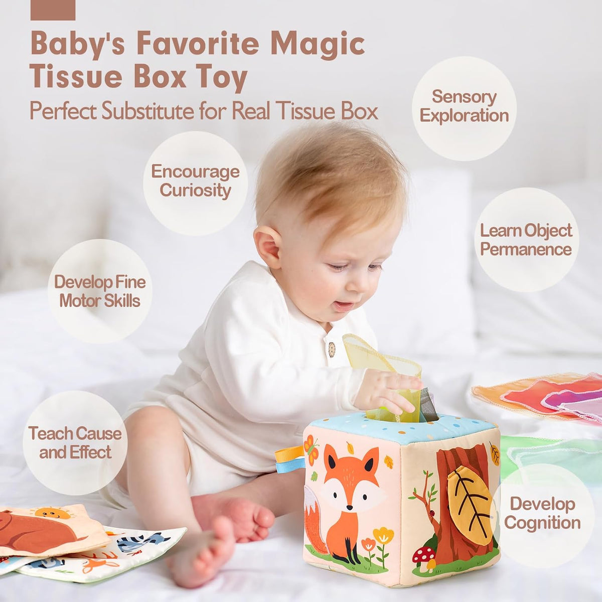 hahaland Baby Tissue Box Toy - Baby Toys 6-12 Months Stocking Stuffers for Babies Montessori Toys for 6 Month Old Must Haves - Boy Girl Shower Gifts