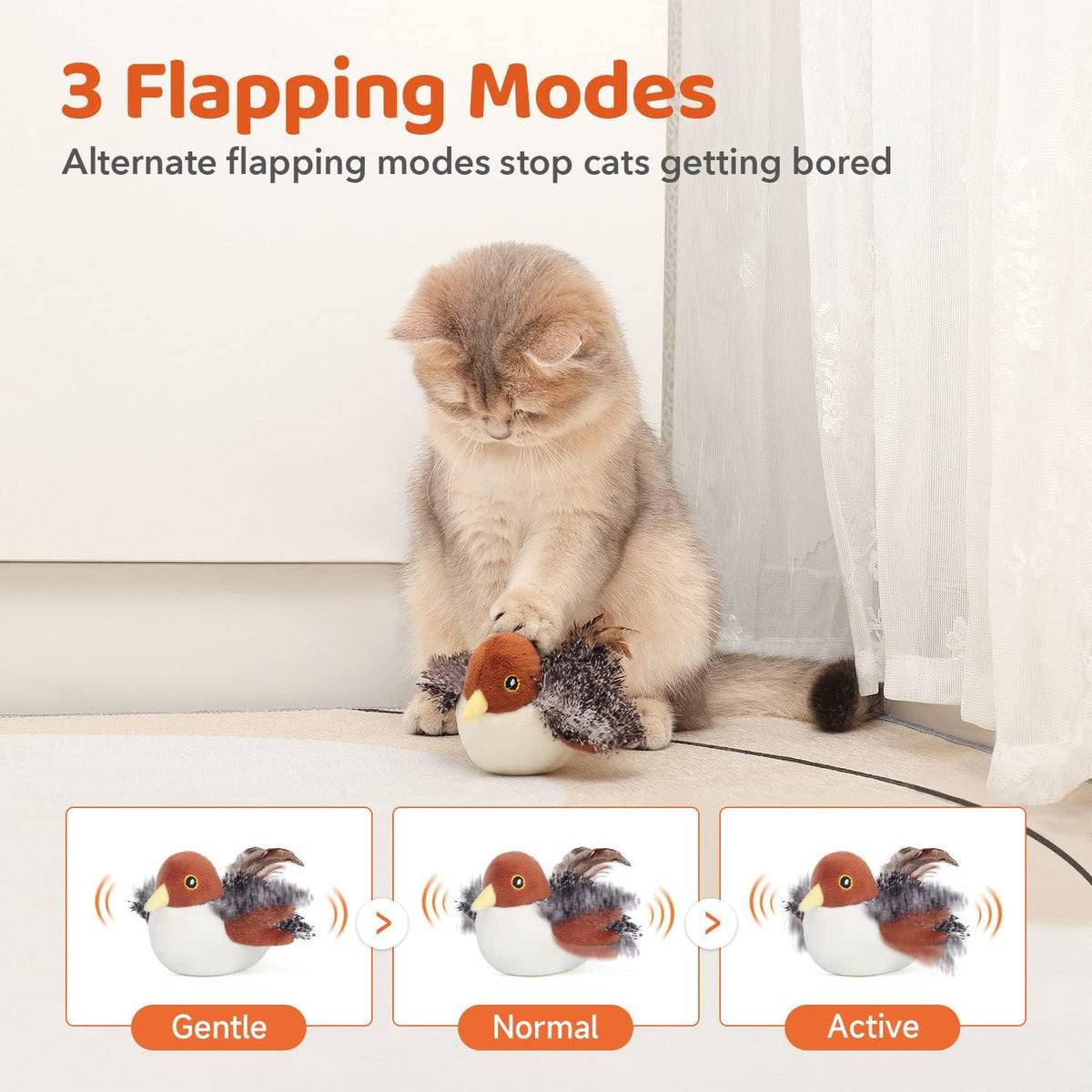 Potaroma Cat Toys Rechargeable Flapping Bird Sparrow, Lifelike Chirp Tweet, Touch Activated Kitten Toy Interactive Cat Exercise Toys for All Breeds