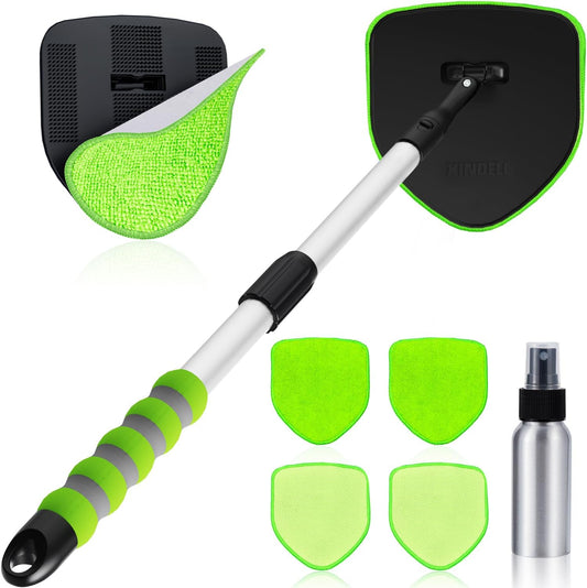 XINDELL Extendable Windshield Cleaner for Car, Long Handle Car Interior Glass Cleaning Tool with Pivot Head – Reusable Microfiber Pads, Streak-Free