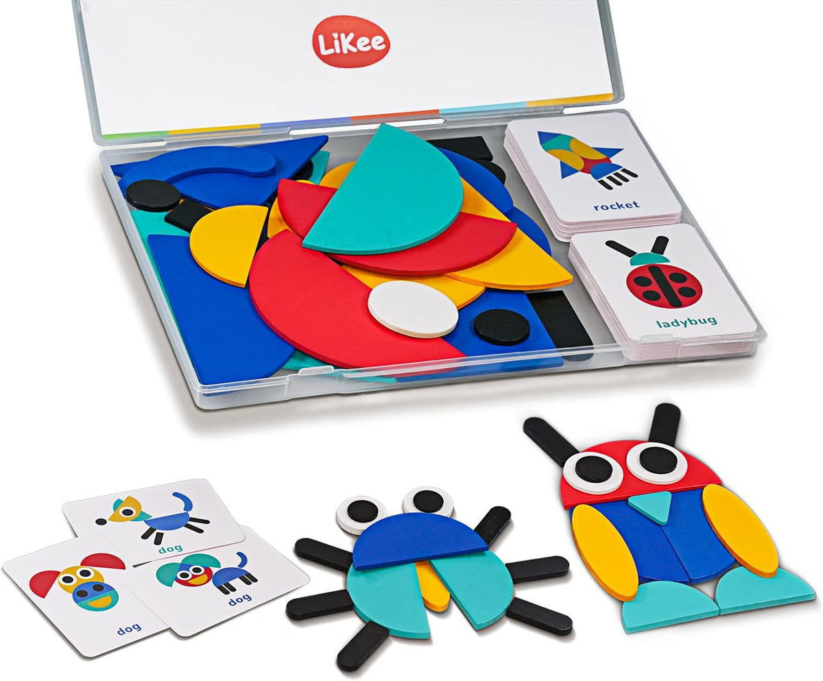 LiKee Open Ended Wooden Shape Puzzles (36 Blocks&60 Cards) for Toddlers 3+ Years Old, Montessori Development Toys Preschool Education Activity Travel