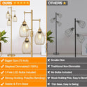 Dimmable Floor Lamp, Industrial Floor Lamps for Living Room, Gold Tree Lamp Standing Lamp Tall Lamps with 3 Elegant Teardrop Cage Head & 800 Lumens