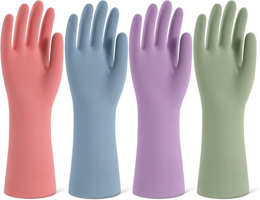 Rubber Cleaning Gloves for Dishwashing, 4 Pairs Reusable Kitchen Gloves for Washing Dishes and Household Cleaning, Colorful Dish Gloves with Flocked