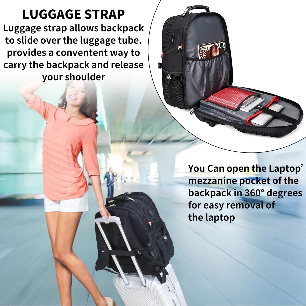 SHRRADOO Extra Large 50L Travel Laptop Backpack with USB Charging Port, College High School Backpack Airline Approved Business Work Bag Fits 17 Inch