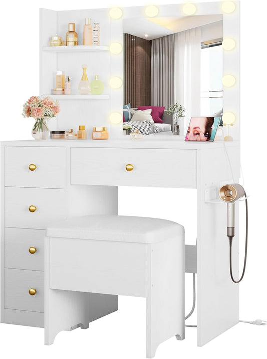 IRONCK Vanity Desk with Mirror and Lights, Small Makeup Vanity Table with 5 Drawers, Power Outlet, and Vanity Stool, 3 Lighting Colors, Dressing