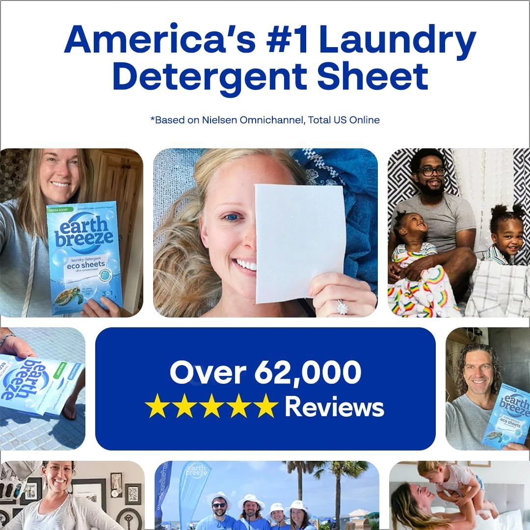 Earth Breeze Laundry Detergent Sheets Fresh Scent - 60 Loads Eco Liquidless Soap - Travel-Friendly for Hot & Cold Cycles, Tackles Tough Stains