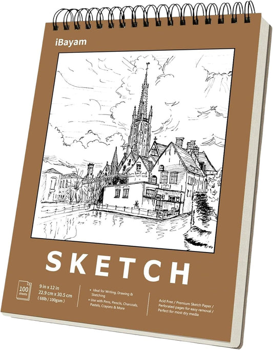 iBayam 9x12 Sketchbook, Spiral Bound Sketch Book for Kids, Teens Adults Artists Beginners, Drawing Supplies Art Supplies,100 Sheets (68lb/100gsm)