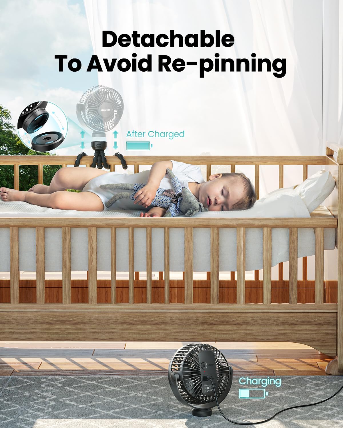 Gaiatop Mini Portable Stroller Fan, Battery Operated Small Clip on, Detachable 3 Speed Rechargeable, 360° Rotate Flexible Tripod Better Cooling for