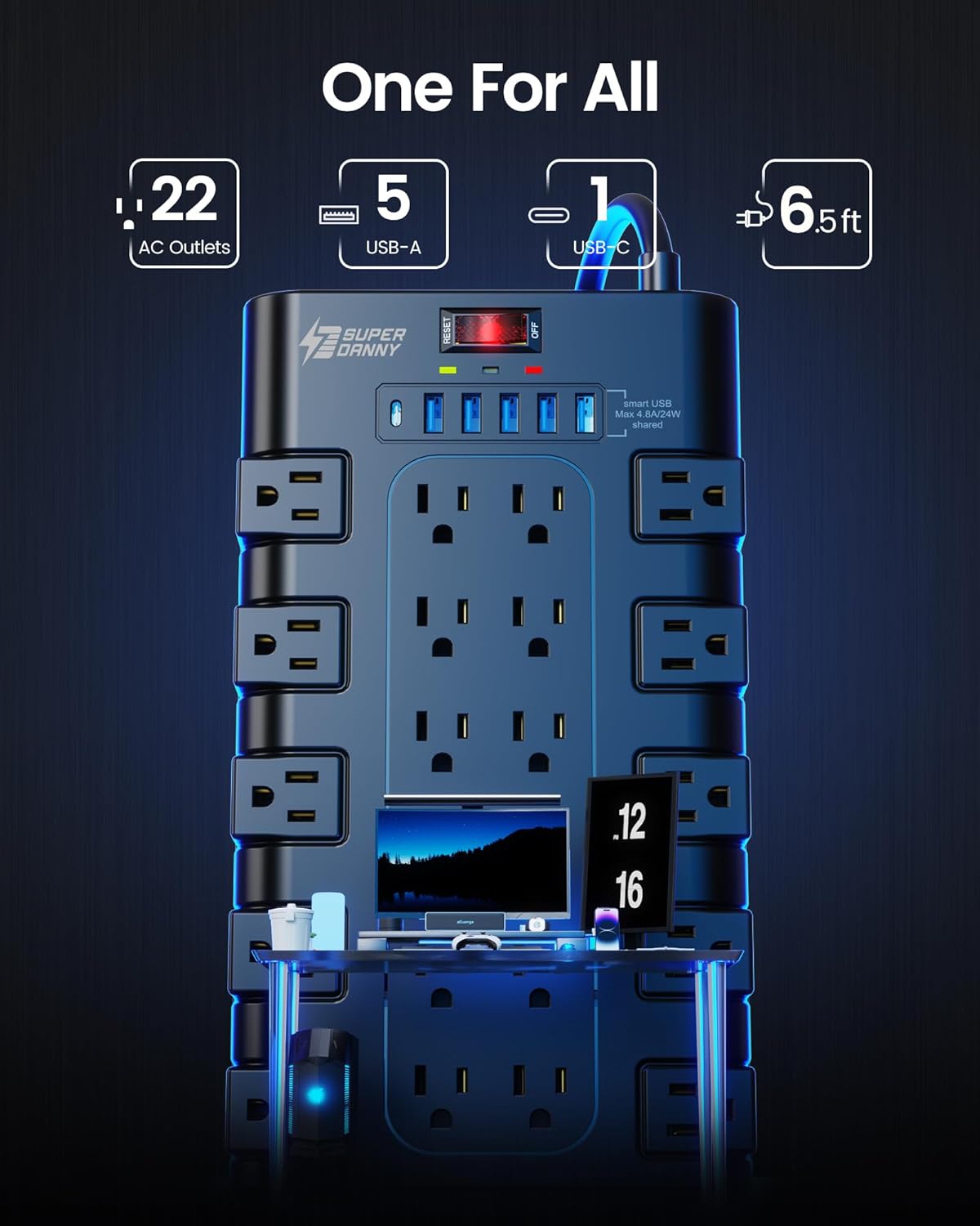 Power Strip, SUPERDANNY Surge Protector with 22 AC Outlets and 6 USB Charging Ports, 1875W/15A, 2100 Joules, 6.5Ft Flat Plug Heavy Duty Extension