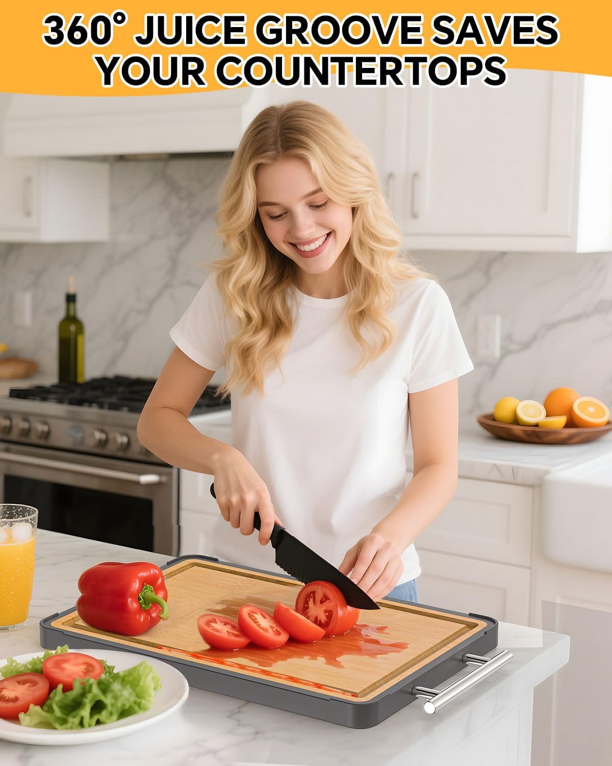 Cutting Boards for Kitchen - Food Grade Double Sided Pure Titanium& Bamboo Chopping Board with Handle, Slip resistant Non-toxic Charcuterie Board