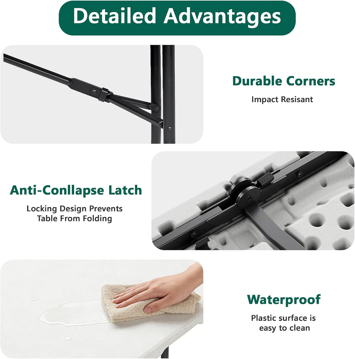 Folding Table 6ft - Heavy Duty Plastic Table with Handle, Foldable & Portable, Fold-in-Half Utility Tables for Outdoor, Dining, Wedding, Events