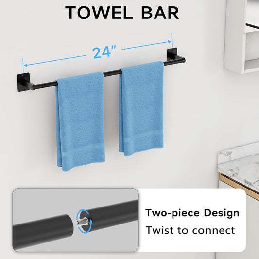 Matte Black Bathroom Accessories Set, KLJKPA 4 Pieces Bathroom Hardware Set, 24 inch Towel Bar, Towel Racks for Bathroom, Robe Towel Hooks, Toilet