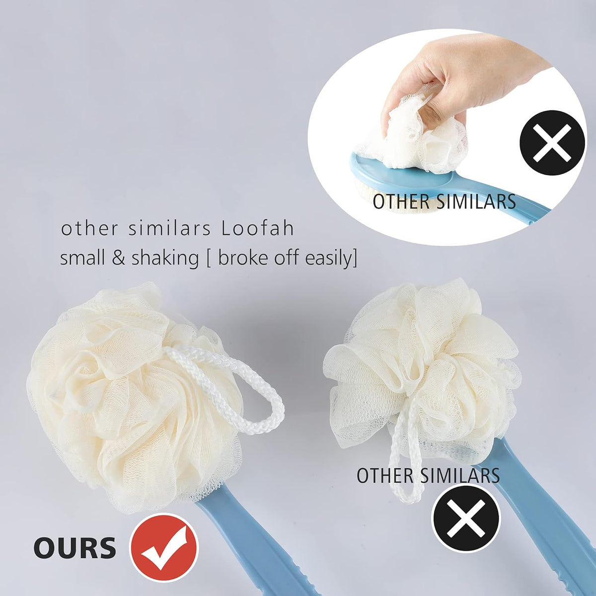 Shower Body Brush with Bristles and Loofah,Back Scrubber Bath Mesh Sponge with Curved Long Handle for Skin Exfoliating Bath, Massage Bristles