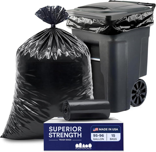 Plasticplace 95-96 Gallon Heavy Duty Black Trash Bags - Contractor Grade, Extra Large Garbage Bags for Construction & Outdoor Trash Cans, 1.2 Mil