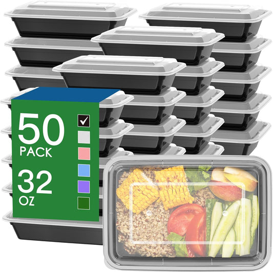50 Pack (100-Piece) 32 oz Meal Prep Containers Reusable with Easy Open Lids, Sturdy Leakproof Food Safe, Microwave Freezer Dishwasher Safe, To Go
