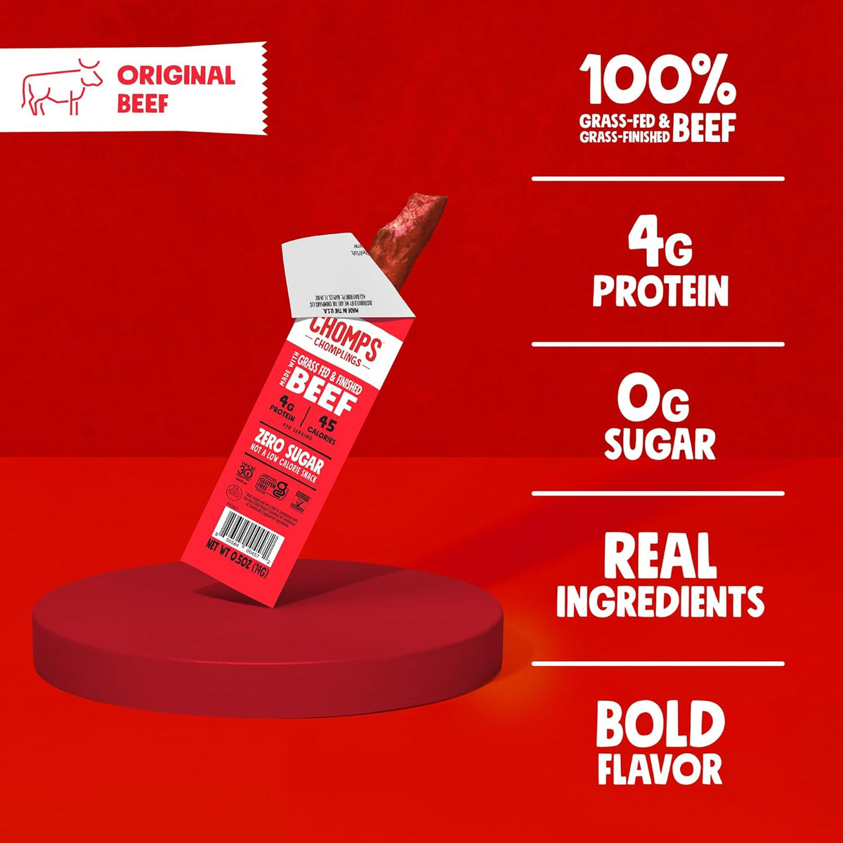 Chomps Snack Size Grass-Fed Original Beef Jerky Snack Sticks 0.5oz 24-Pack - Keto, Paleo, Whole30, 4g Lean Meat Protein, Gluten-Free, Zero Sugar