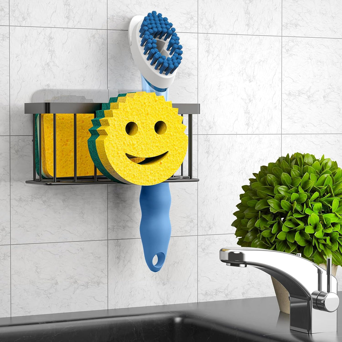 Sponge Holder Smiley Face, Sink Caddy for kitchen Sink, Kitchen Organizer Sponge Holder with 2 PCS Suction Cups/1 PCS Adhesive Strips, Designed for