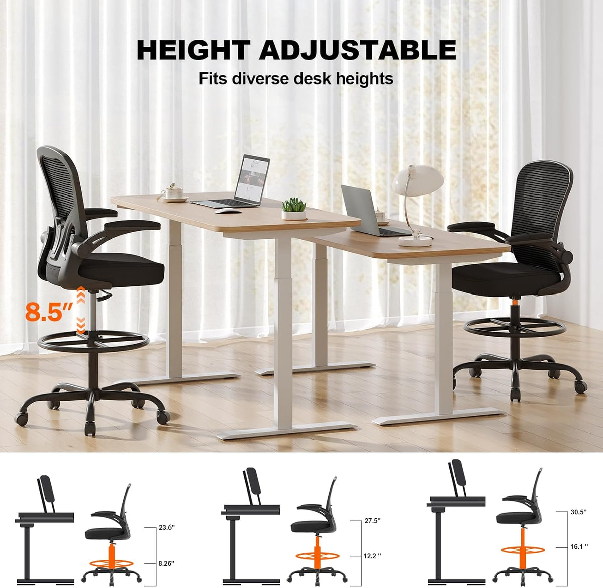 Ergonomic Drafting Chair, Tall Office Chair with Flip-up Armrests, Breathable Mesh High Desk Chair with Lumbar Support Adjustable Footrest Ring for