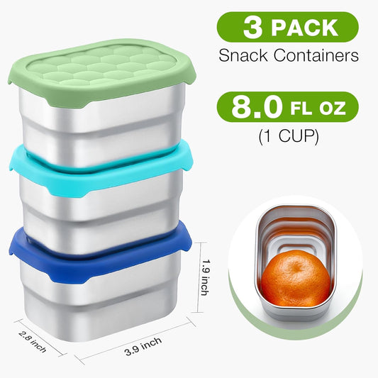 3 Pack Stainless Steel Snack Containers for Kids, 8 oz Easy Open Leak Proof Small Toddler Snack Containers with Silicone Lids, Stackable Metal Lunch