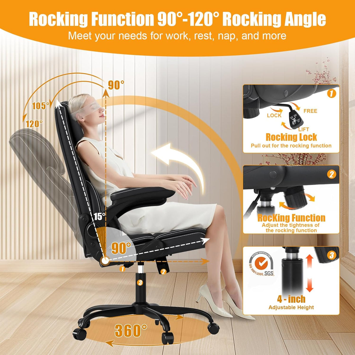 Executive Office Chair with Flip-up Armrests,Ergonomic Computer Desk Chairs,Mid-Tall Back Leather Office Chair 400 Lbs,Lumbar Support Swivel PC Chair