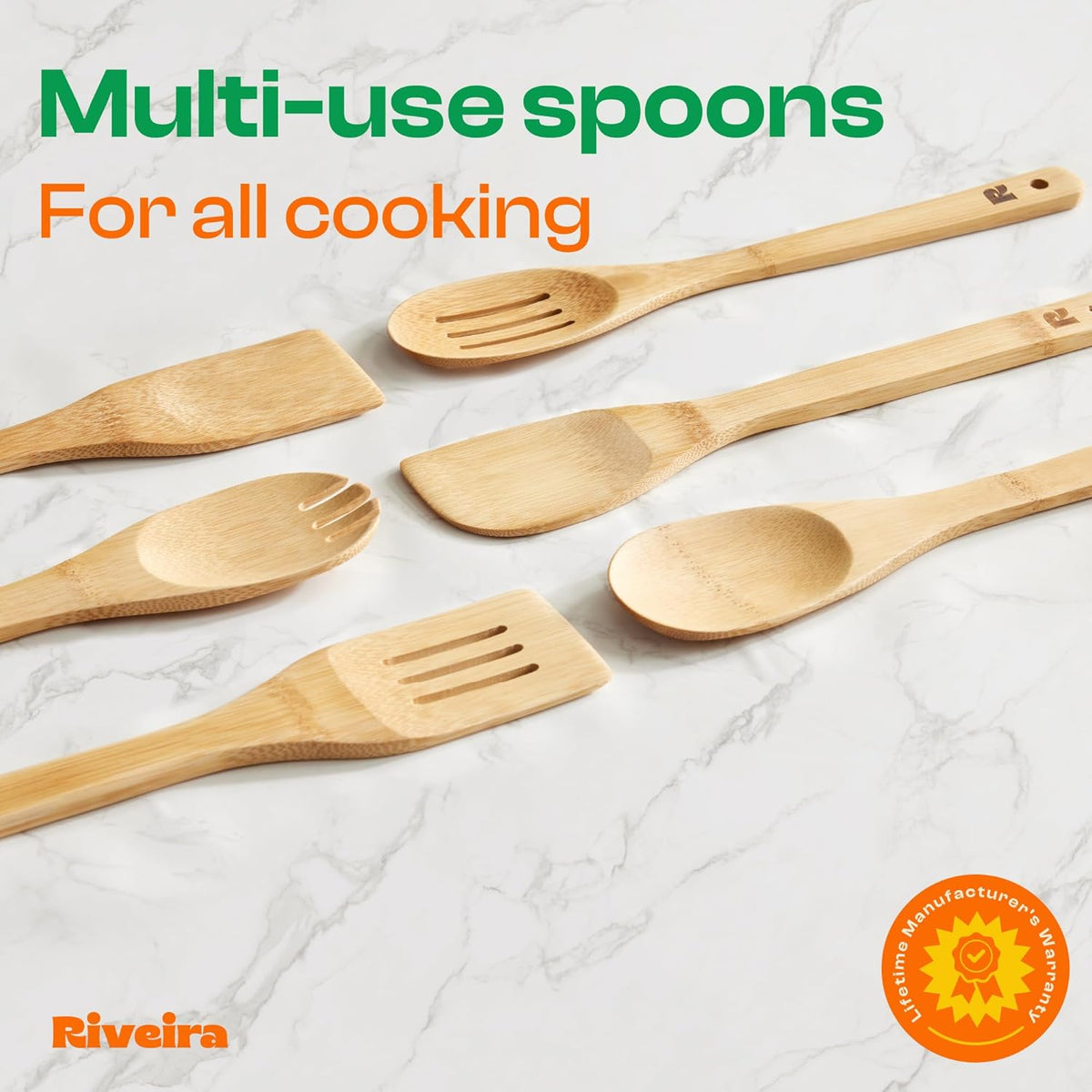 Riveira Bamboo Cooking Spoons 6-Piece – Wooden Cooking Utensils Set with Wooden Spoons for Cooking & Spatulas Wooden Utensil Sets – Premium Kitchen