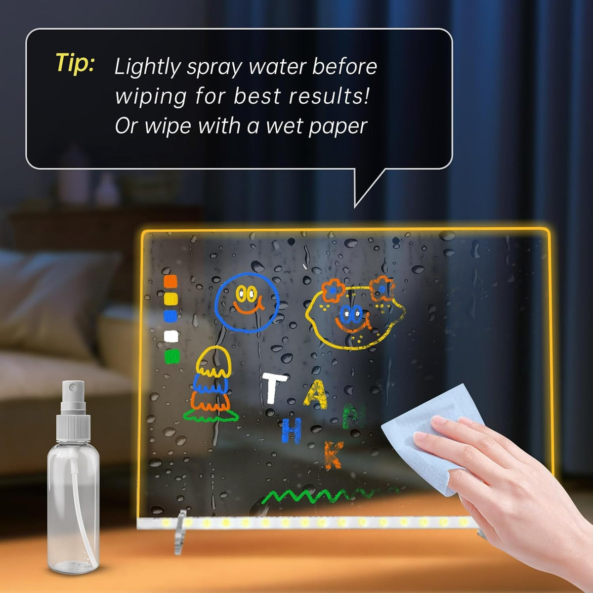 LED Note Board with 7 Colors, Includes Adapter, 13"x10" Led Drawing Board for Kids, Light Up Dry Erase Boards with 7 Markers, Soft Cloth, Hanging