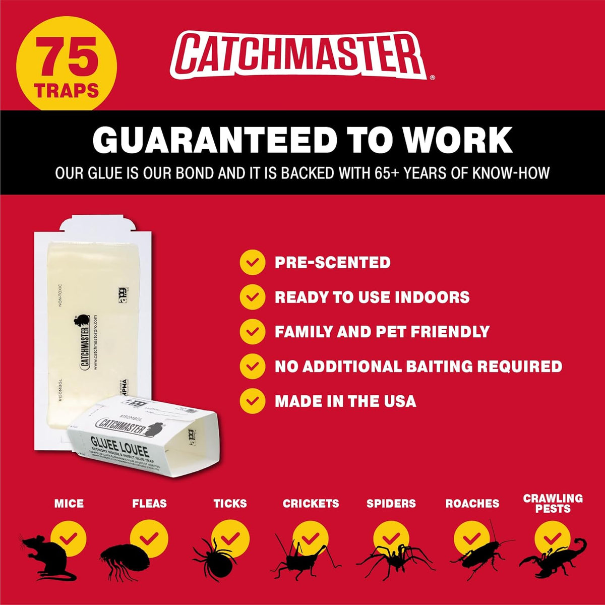 Catchmaster Pro Strength Mouse and Insect Glue Boards, 75-Pack Mouse Traps Indoor for Home, Sticky Pest Control Adhesive for Catching Bugs, Small