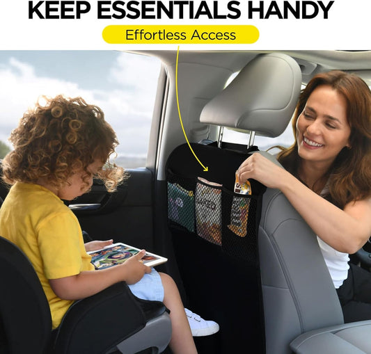 lebogner Back Seat Cover For Kids + 3 Pocket Storage Organizer, 2 Pack X-Large Waterproof Kick Mats Backseat Protector, Car Seat Back Protectors For
