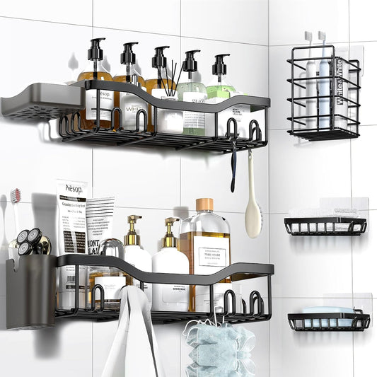 Shower Caddy Adhesive Shower Organizer 7-Pack, Rustproof Stainless Steel Bathroom Shelves, Large Capacity No-Drill Rack Storage Accessories with Soap