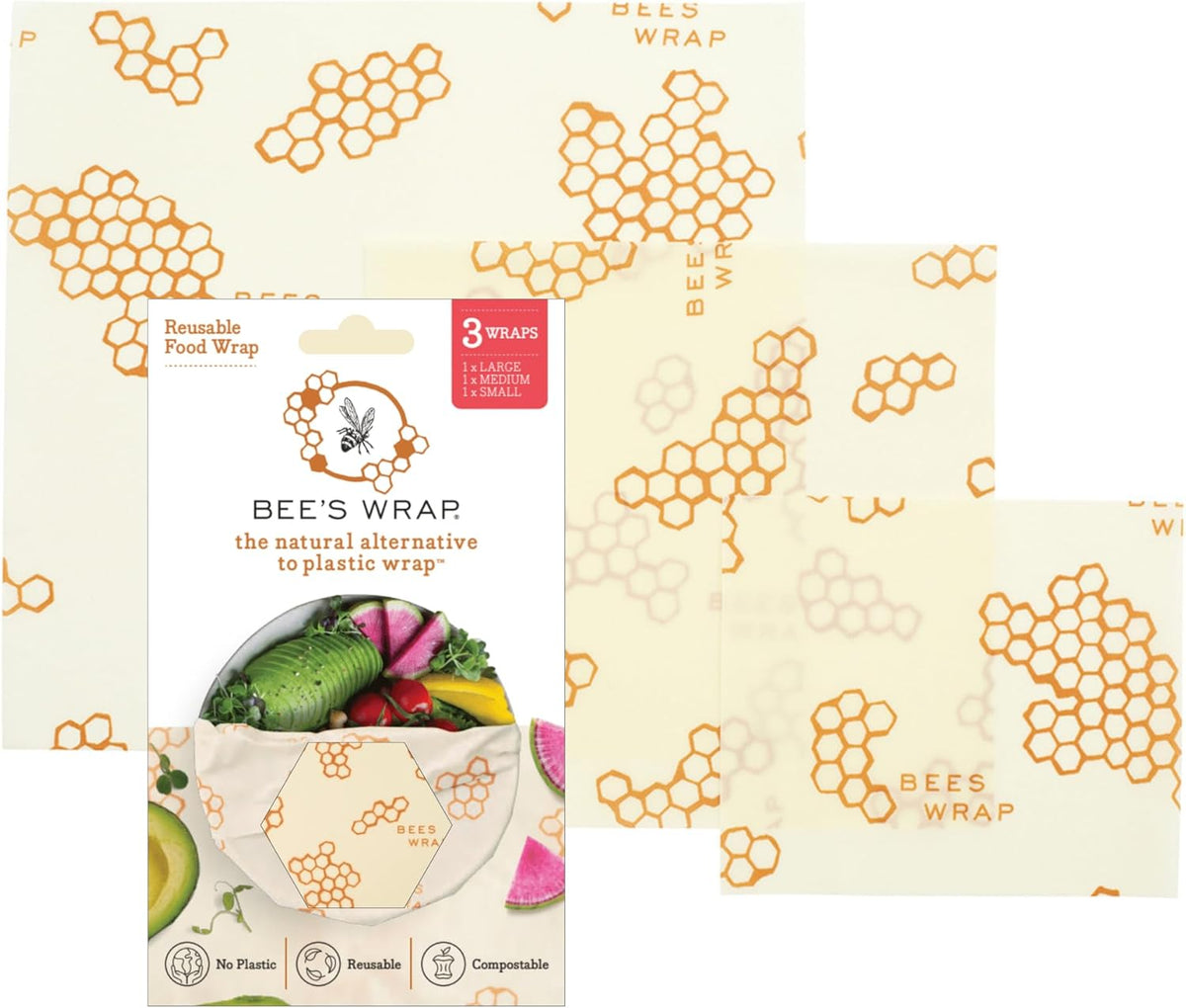 Bee's Wrap Beeswax Wraps for Food - Honeycomb 3 Pack (S, M, L) Made in USA Reusable & Organic Food Wraps, Sandwich Wrap & Bowl Covers - Eco-Friendly